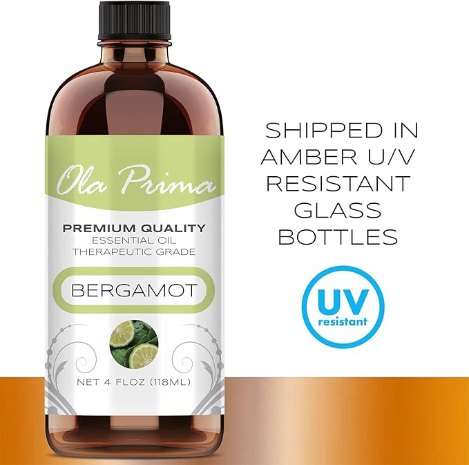 Ola Prima Bergamot Essential Oil - Therapeutic Grade for Aromatherapy, Diffuser, Skin, Hair, Massage, Stress, Dropper - 4 fl oz - Bergamot Oil