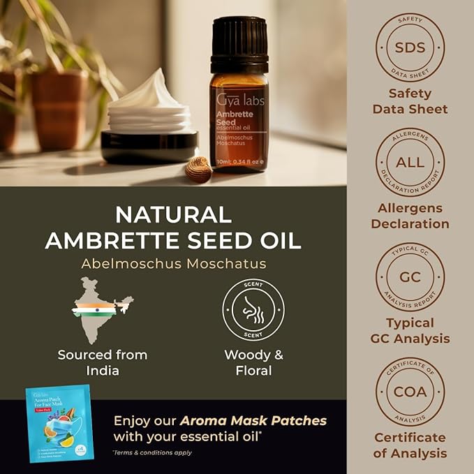 Gya Labs Ambrette Seed Essential Oil for Skin - 0.34 Fl Oz - 100% Pure Natural Ambrette Essential Oil for Diffuser, Candle Making Massage & DIY - Woody Floral Scent