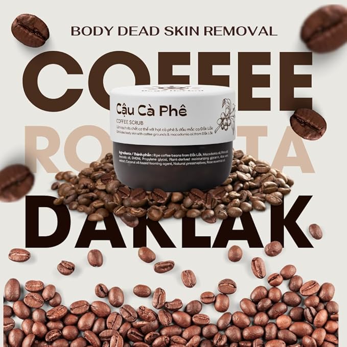 Coffee Body Scrub with Dak Lak Ripe Coffee, Macadamia Oil, Himalayan Salt, Aloe Vera & Pink Grapefruit Essential Oil β Exfoliating & Moisturizing for Smooth, Radiant Skin (8.8 fl oz)