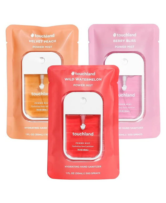 Touchland Power Mist Hydrating Hand Sanitizer Spray, JUICY Trio Set (Watermelon, Peach, Berry), 1 FL. OZ. Travel Size (Set of 3)