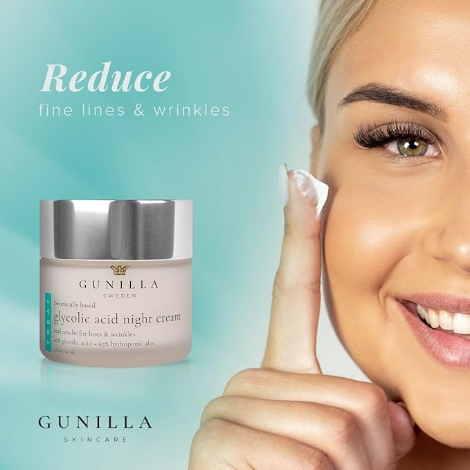 GUNILLA Glycolic Acid Night Cream - Refine, Resurface & Reduce Fine Lines, Wrinkles, Dark Spots, Congested Pores While Brightening Complexion. Gentle - Natural - Vegan (2 oz)
