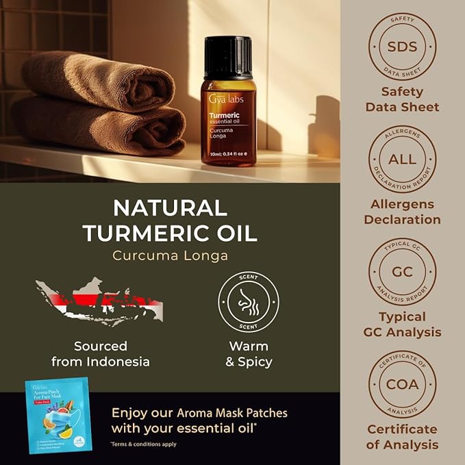 Gya Labs Turmeric Essential Oil - 0.34 Fl Oz - 100% Pure Natural Turmeric Oil for Skin, Face, Body, Hair, Massage - Spicy Warm Scent for Candle Making & Aromatherapy