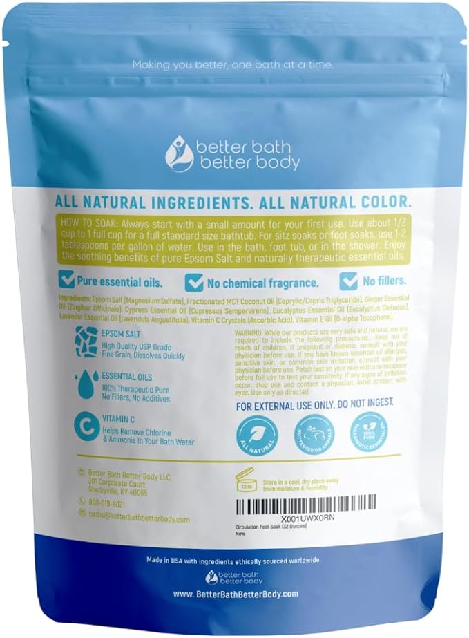 Circulation Foot Soak 32 Ounces (2 Lbs) Epsom Salt with Pure Essential Oils Ginger and Cypress Essential Oils Plus Vitamin C in BPA Free Pouch with Easy Press Lock Seal