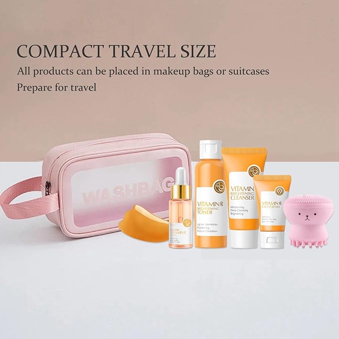 Vitamin C Skincare Set Beauty Gift Sets, Travel Skin Care Coreano Kit - Toner, Serum, Cream, Cleanser & Brush, Guasha Board, Birthday Skin Care Kit For Teens, 6pcs Skin Care Routine Kit For Women