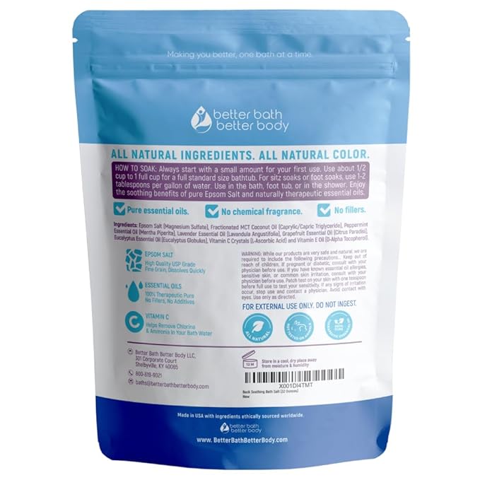 Back Soothing Bath Salt 32 Ounces Epsom Salt with Natural Bergamot, Lavender, Eucalyptus and Peppermint Essential Oils Plus Vitamin C in BPA Free Pouch with Easy Press-Lock Seal