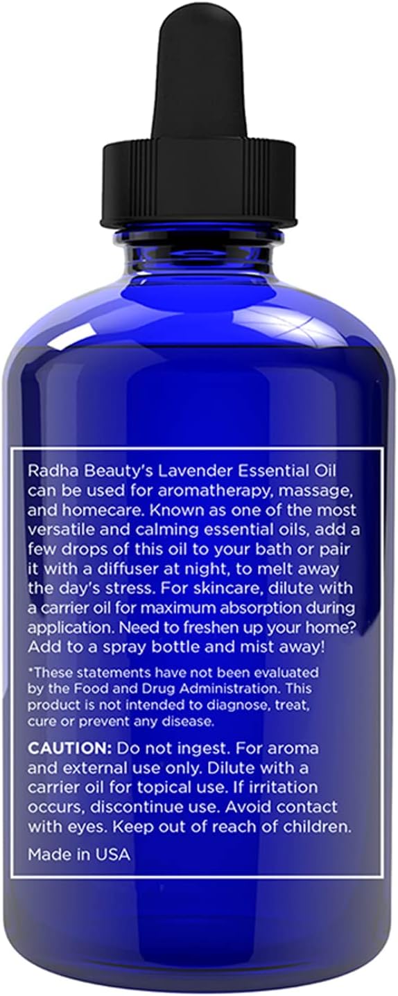 Radha Beauty - Lavender Essential Oil 4oz - Premium Therapeutic Grade, Steam Distilled for Aromatherapy, Relaxation, Laundry, Meditation, Massage, Yoga, Relief