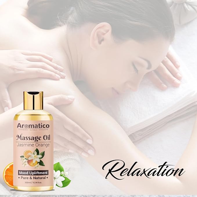 AROMATICO Massage Oil with Jasmine & Orange Essential Oils. Natural Power of Sesame, Almond & Jojoba Oils. Full Body Massage Oil for Relaxtion. for Men & Women - 10 Fl Oz