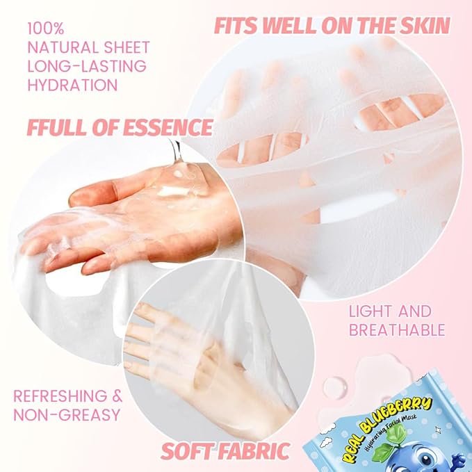 Kaely 10 Pack Blueberry Face Masks for Kids, Kids Face Mask Spa Day kit Supplies, Spa Party Favors for Teens Girls Women, Sheet Facial Mask Skincare Gifts Set, Moisturize for All Skin Types, 07