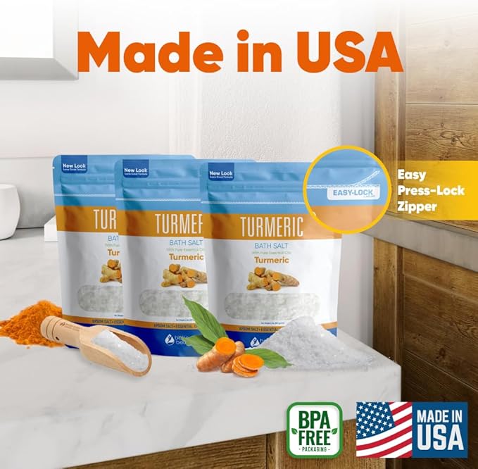 Turmeric Bath Salt (3 Pack with Scoop 6 Lbs Total) Total Bath Aromatherapy Pure Essential Oils in BPA Free Pouch with Press Lock Seal Made in USA Three 2 Lbs Bundle