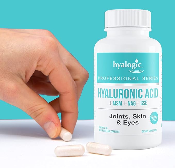 Hyalogic Hyaluronic Acid Delayed Release Capsules | Combo Formula w/Glucosamine MSM | Support Healthy Joints, Eyes and Skin and Overall Body | Promote Healthy Skin | 120 mg | Non-GMO (30 Count)