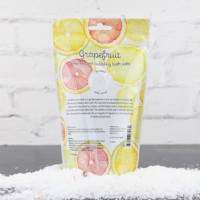 Primal Elements Detoxifying Sea Salt Soak, Bubbling Aromatherapy Salts, Grapefruit, 12 oz Resealable Bag