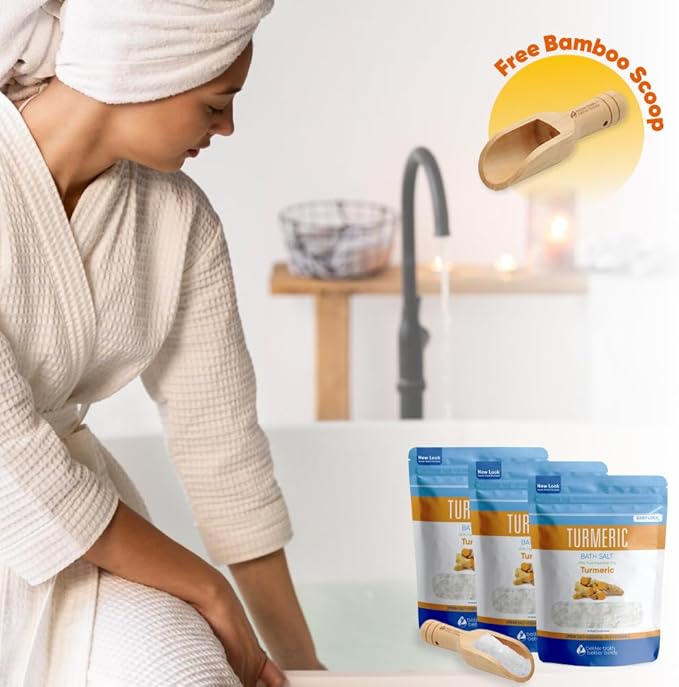 Turmeric Bath Salt (3 Pack with Scoop 6 Lbs Total) Total Bath Aromatherapy Pure Essential Oils in BPA Free Pouch with Press Lock Seal Made in USA Three 2 Lbs Bundle