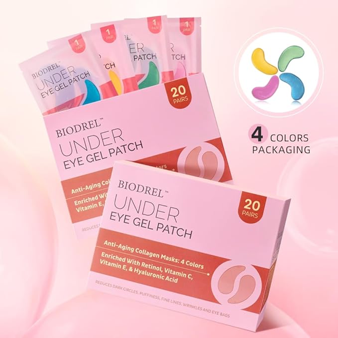 BIODREL- Under Eye Patches (20 Pairs) for Dark Circles, Puffy Eyes, Wrinkles, Eye Bags Treatment - Collagen Mask for Men & Women with Retinol, Vitamin C - Cooling Eye Gel Pads - Puffiness Care Masks