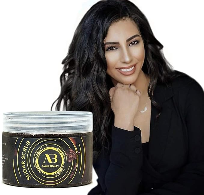 AB Amira Beauty Sugar Body Scrub - Moisturizing, Exfoliating Deep Skin Cleanser. Reduces Acne, Cellulite, Stretch Marks, Dead Skin, Scars, and Wrinkles 14oz (Coffee)