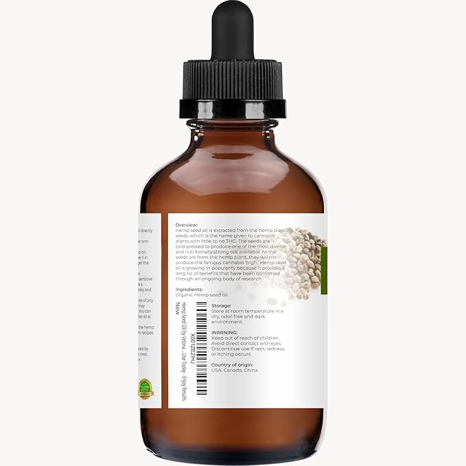velona Hemp Seed Oil USDA Certified Organic - 4 Fl Oz | 100% Pure and Natural Carrier Oil | Unrefined, Cold Pressed | Hair, Body, Face & Skin Care