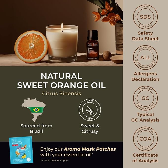 Gya Labs Orange Essential Oil for Diffuser & Skin - 0.34 Fl Oz - 100% Pure Natural Sweet Orange Oil for Massage, Face, Cleaning & Candle Making Scent