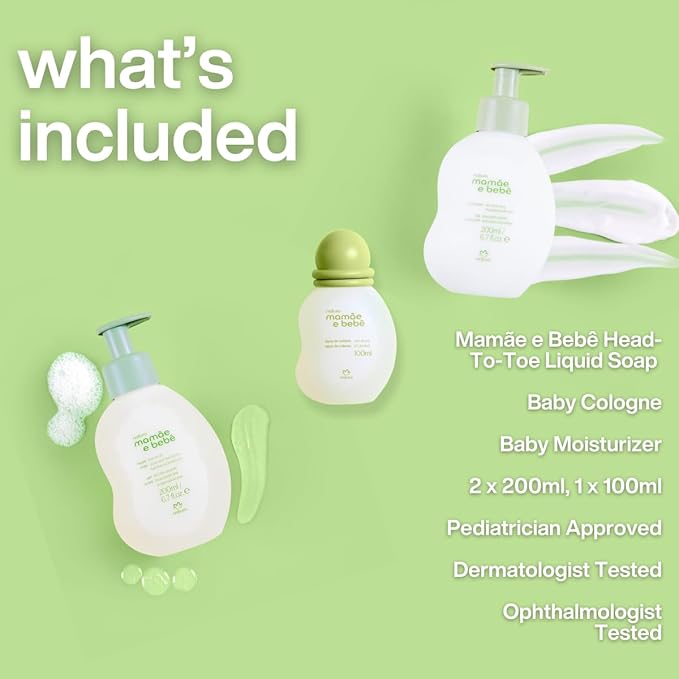 natura - Mamãe e Bebê Deluxe Gift Set - Baby Moisturizer, Cologne & Liquid Soap - 100% Vegan - Natural Origin - All Skin Types - Cruelty Free - Brazilian Beauty - Baby Essentials (3 Baby Products)