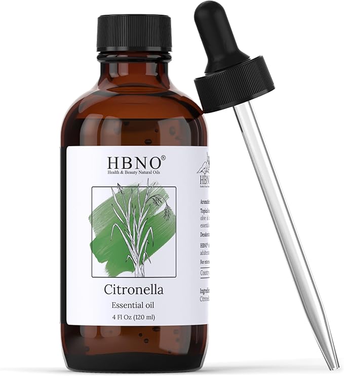 HBNO California Bottled Citronella Essential Oil 4 fl oz (120ml) - Natural Citronella Oil - Perfect for Cleaning, Aromatherapy, DIY, Soap & Diffuser - Citronella Oil Essential
