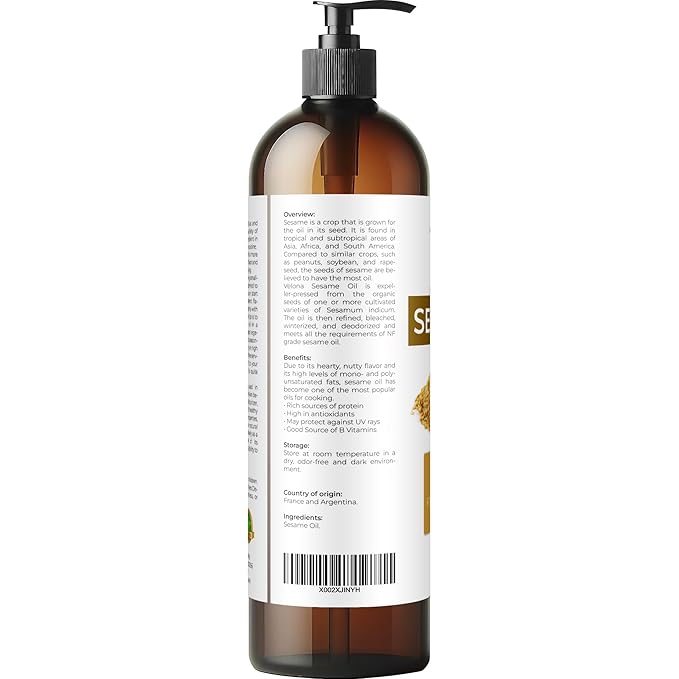 velona Sesame Seed Oil 8 fl oz | 100% Pure and Natural Carrier Oil | Refined, Expeller Pressed | Cooking, Skin, Hair, Body & Face Moisturizing | Use Today - Enjoy Results