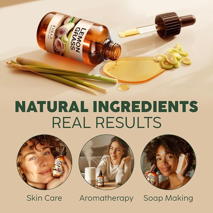 Kukka Lemongrass Essential Oil for Skin, Diffuser & Hair - 4 Fl Oz - 100% Pure Natural, Cleansing & Nourishing, Herbaceous Scent for Aromatherapy & Soap Making Scent DIY