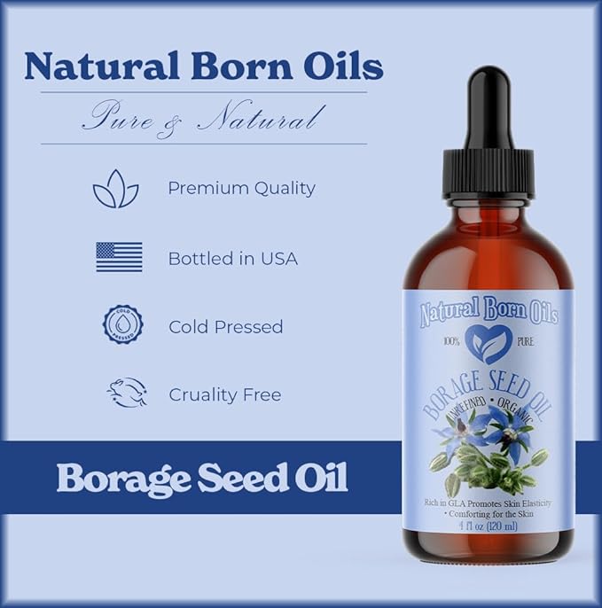 Natural Born Oils Borage Seed Oil, 1 Gallon, Organic, Cold-Pressed, High GLA, Vitamins & Minerals, Deep Skin Nourishment, Hair Vitality