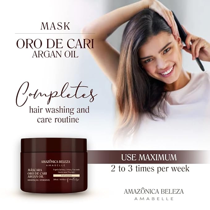 AMAZONICA BELEZA Oro de Cari Hair Mask, Intensive Hydration for Dry Hair with Argan Oil and Vitamin E, Professional Line, 10 Oz