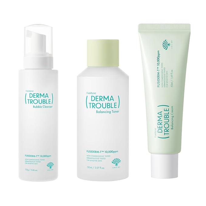 Derma Trouble 3-Step Acne Kit - Korean Skin Care Routine for Clogged Pores & Sensitive Skin, Gentle pH-Balanced Cleanser, Toner & Cream, Non-Irritating Formula. Anti-Sebum Complex, Fusiderm-T