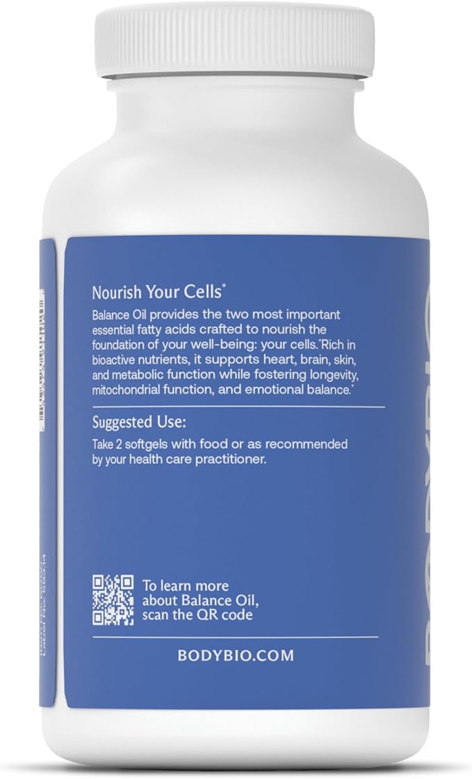 BodyBio Omega Oils 3 & 6 - Essential Fatty Acids for Brain and Heart Health | Organic Safflower and Flax Seed Oil Blend | Cold-Pressed Oils | DHA EPA | Balance Oil 180 Softgel