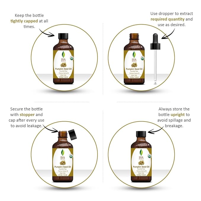 SVA Pumpkin Seed Oil Organic - 4 Fl Oz – 100% Natural Cold Pressed Organic Pumpkin oil - for Face, Skin Care, Hair Care, Scalp Massage & Body Massage – Carrier Oil with Dropper