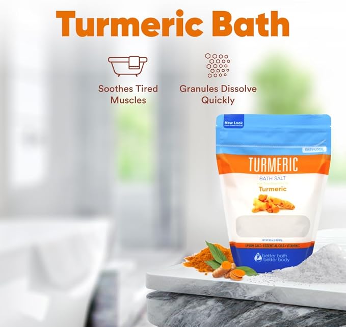 Turmeric Bath Salt 32 Oz Epsom Salt with Essential Oils Turmeric, Cinnamon, Orange Plus Vitamin C in BPA-Free Pouch with Easy Press-Lock Zipper | Natural Bath Soak to Relieve & Soothe | Made in USA