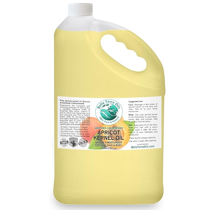 Bella Terra Oils Apricot Kernel Oil – 1 gallon, Lightweight, Nourishing, Silky Finish, Hair & Skin Radiance