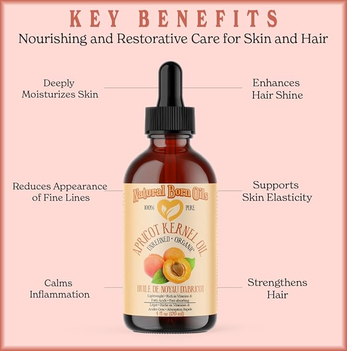 Natural Born Oils Apricot Kernel Oil. 16oz. 100% Pure and Natural, Cold-pressed, Organic Moisturizer Ideal for All Skin Types