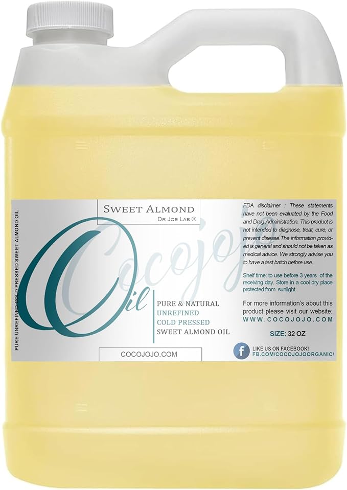 Dr Joe Lab Sweet Almond Oil for Hair, Sweet Almond Oil for Skin, Body, Nails, Pure Natural Cold Pressed Unrefined Extra Virgin Moisturizes & Nourishes - 32 Fl Oz - Packaging May Vary