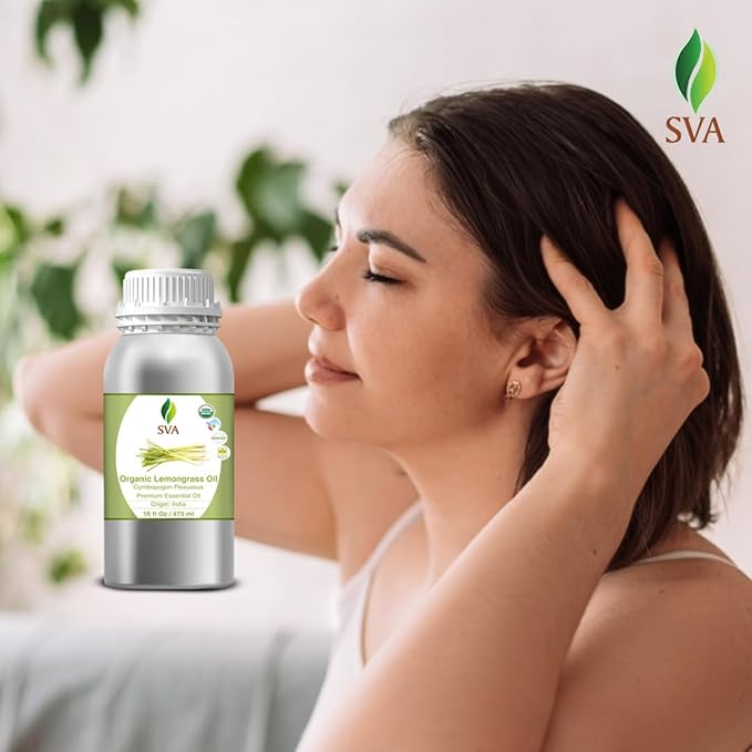 SVA Lemongrass Essential Oil Organic – 16 Fl Oz – 100% Natural Organic Lemongrass Oil for Hair, Face, Skin Care, Diffuser, Aromatherapy, Scalp, Body Massage, Soap and Candle Making