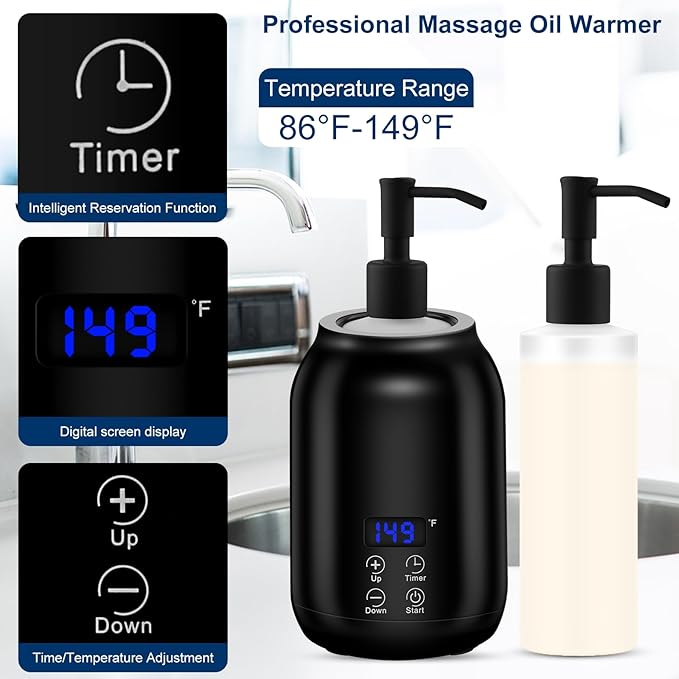 Massage Oil Heater Warmer,with ℃/℉ Switchable Display, Two Oil Dispenser Bottle,Constant Temperature,Body Oils Heater for Spa, Salon and Barber Shops,Black