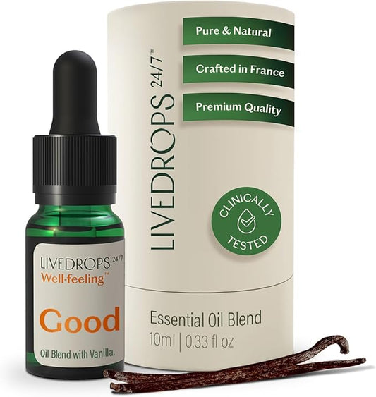 LIVEDROPS 24/7 Vanilla Oil Blend, Feel Good. Madagascar Vanilla Planifolia. Warm & Creamy. Natural Aromatherapy. Diffusor Compatible & dilute in Carrier Oil for Skin. Clinically Tested.