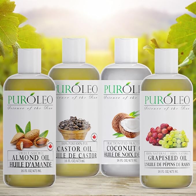 PURÓLEO Carrier Oil Gift Set- 4 Pcs - Coconut Oil- Almond Oil - Castor Oil - Grapeseed Oil - 100% Natural Moisturizing Massage 4 Pc (16 Fl Oz)
