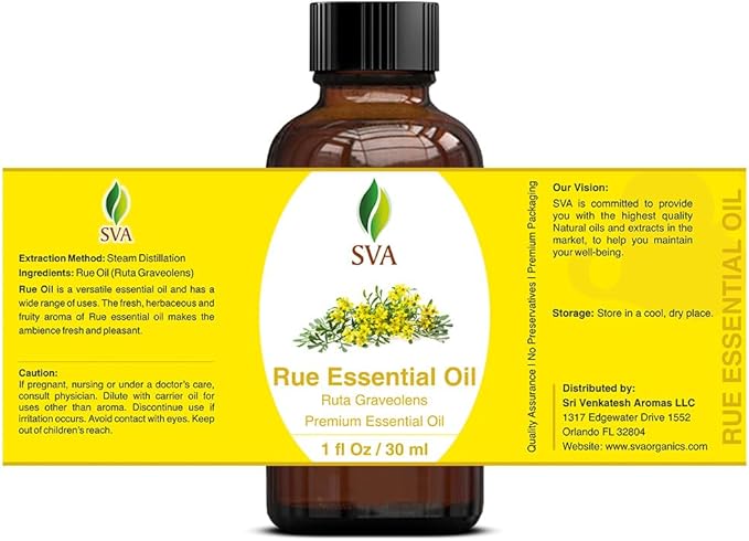 SVA Rue Essential Oil – 1 Fl Oz – 100% Natural Rue Oil - for Diffuser, Hair Care, Face, Skin Care, Aromatherapy, Scalp and Body Massage, Soap and Candle Making - with Dropper