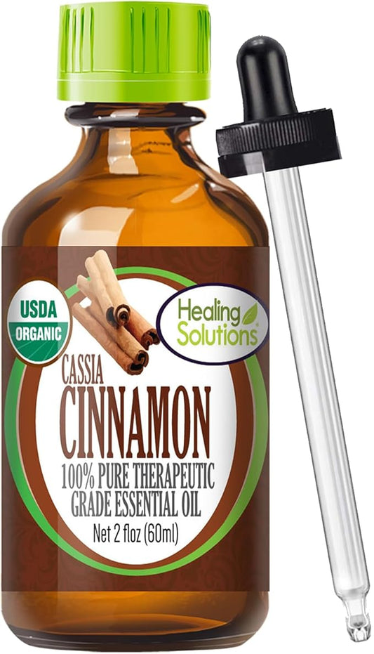 Healing Solutions Organic Cinnamon Cassia Essential Oil (60 ml / 2 fl oz) – Therapeutic Grade Essential Oils for Aromatherapy