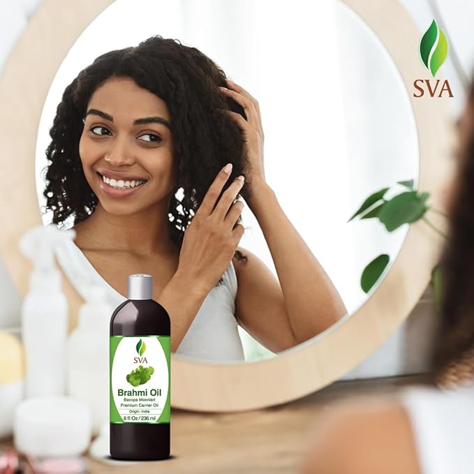 SVA Brahmi Oil - 8 Fl Oz – 100% Natural Cold Pressed Brahmi Oil - for Face, Skin Care, Hair Care, Scalp Massage & Body Massage – Carrier Oil with Pump