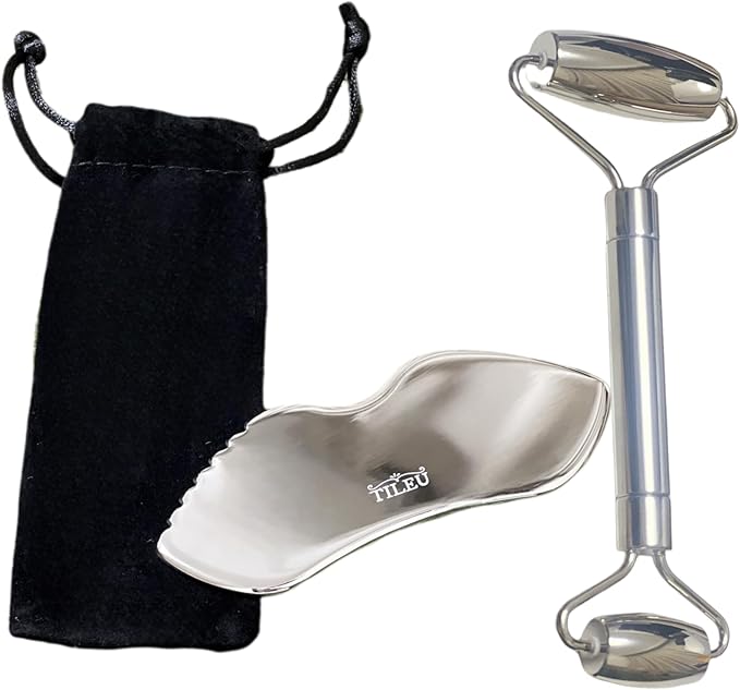 Face Roller & Gua Sha Tool, Stainless Steel Facial Roller and Guasha Tools Skin Care Roller for Wrinkles and Lifting, Improve Puffiness, Metal Face Massager for Eyes, Neck Tighten(2 Pack