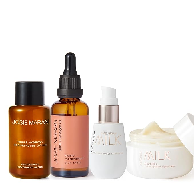 Josie Maran Anti Aging Skincare Set - Includes Triple Hydroxy Gentle Face Exfoliant, Argan Milk Serum, Intensive Hydration Nightly Face Cream & 100% Pure Argan Oil (4 Count)