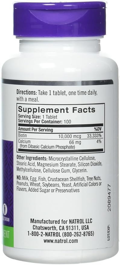 Natrol Biotin Tablet 10000 mcg, 100 Count (Pack of 2)
