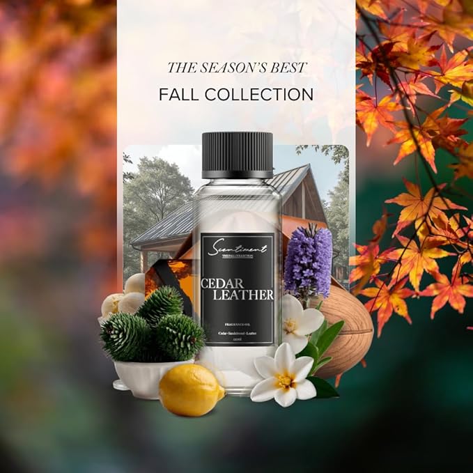 Cedar Leather Fall Collection Diffuser Oils | Aromatherapy Home Fragrance | Luxurious Scent with Lemon, Jasmine Sandalwood, Amber, Lavender, Vanilla, & Musk (50ml)