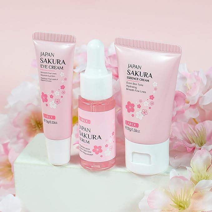 Skin Care Set JAPAN SAKURA Beauty Gift Sets Skin Care Kit with Serum, Eye Cream, Face Cream Travel Kit for Women Wife Mom Teen Girls TSA-friendly Sizes Christmas Gift 3pcs