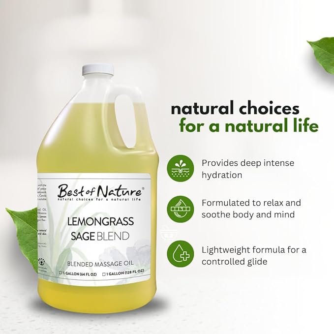 Best of Nature Lemongrass and Sage Massage Oil Blend - Non-Greasy Aromatherapy Massage Oil for Body, Skin & Face, Crafted with Pure Essential Oils, Half Gallon (64 fl oz)