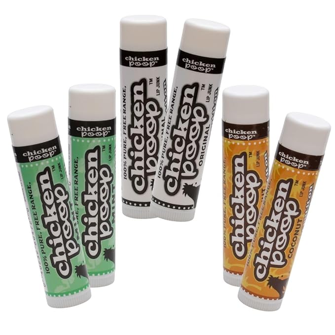 Chicken Poop Lip Balm Simone Chickenbone 100% Natural Moisturizer for Dry, Chapped Lips, Combo (2 Original, 2 Mint, 2 Coconut), Pack of 6