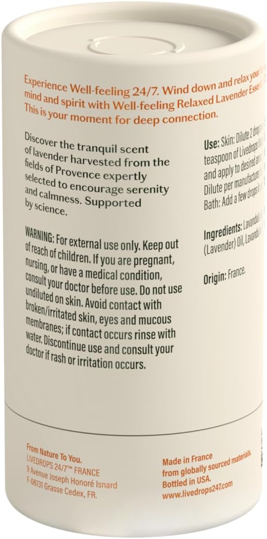 LIVEDROPS 24/7 Relaxed Lavender Essential Oil. Crafted in France. Pure & Natural Aromatherapy for Calm - Diffuser Compatible or Dilute in Carrier Oil for The Skin