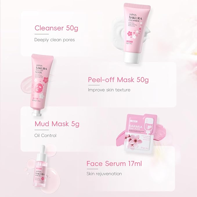 Sakura Skincare Set for Teen Girls, Complete 34PCS Face Care Kit, Christmas Pamper Gift Set for Women & Teenage Girls, Hydrating & Nourishing Travel-Friendly Daily Facial Skincare Routine