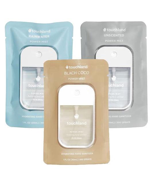 Touchland Power Mist Hydrating Hand Sanitizer Spray, DYE FREE Trio Set (Rainwater, Unscented, Beach Coco), 1 FL. OZ. Travel Size (Set of 3)